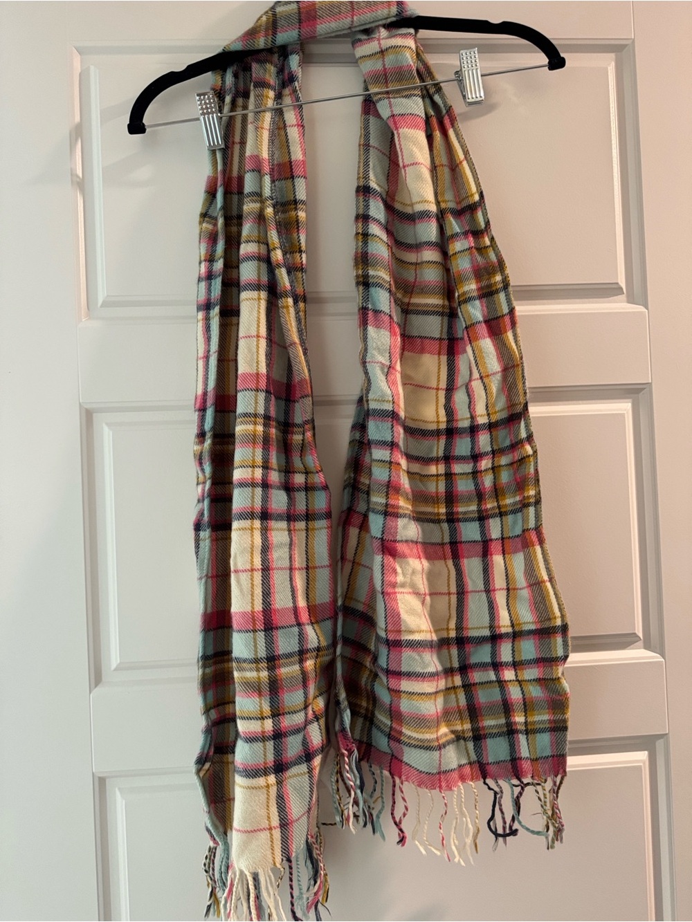 Joules Plaid Fringe Scarf in Cream, Pink, Green and Blue - Picture 4 of 4